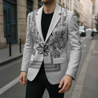 Philippines Barong Style Blazer with Polynesian Art and Leaf Motif Black-White Color