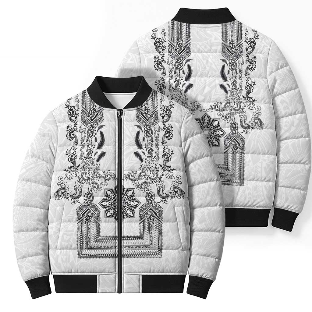 Philippines Barong Style Bomber Puffer Jacket with Polynesian Art and Leaf Motif Black-White Color