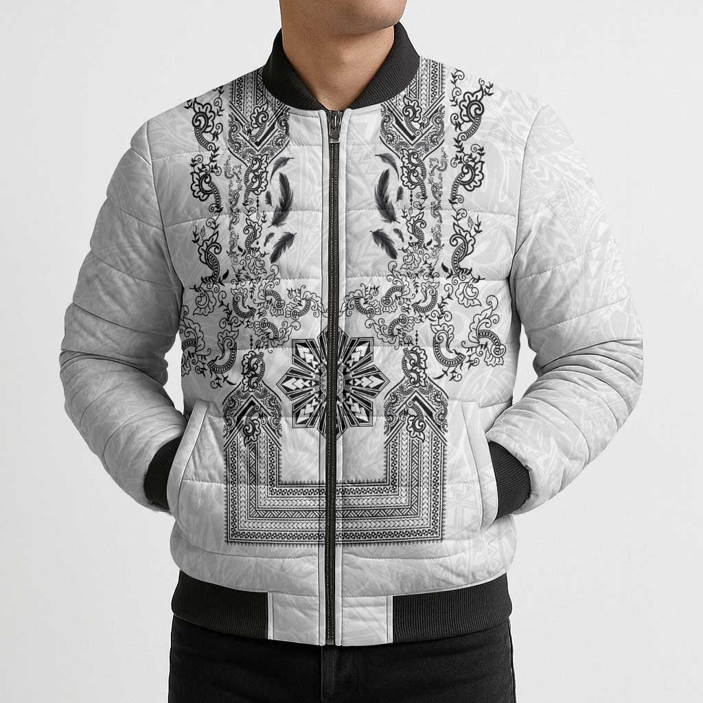 Philippines Barong Style Bomber Puffer Jacket with Polynesian Art and Leaf Motif Black-White Color