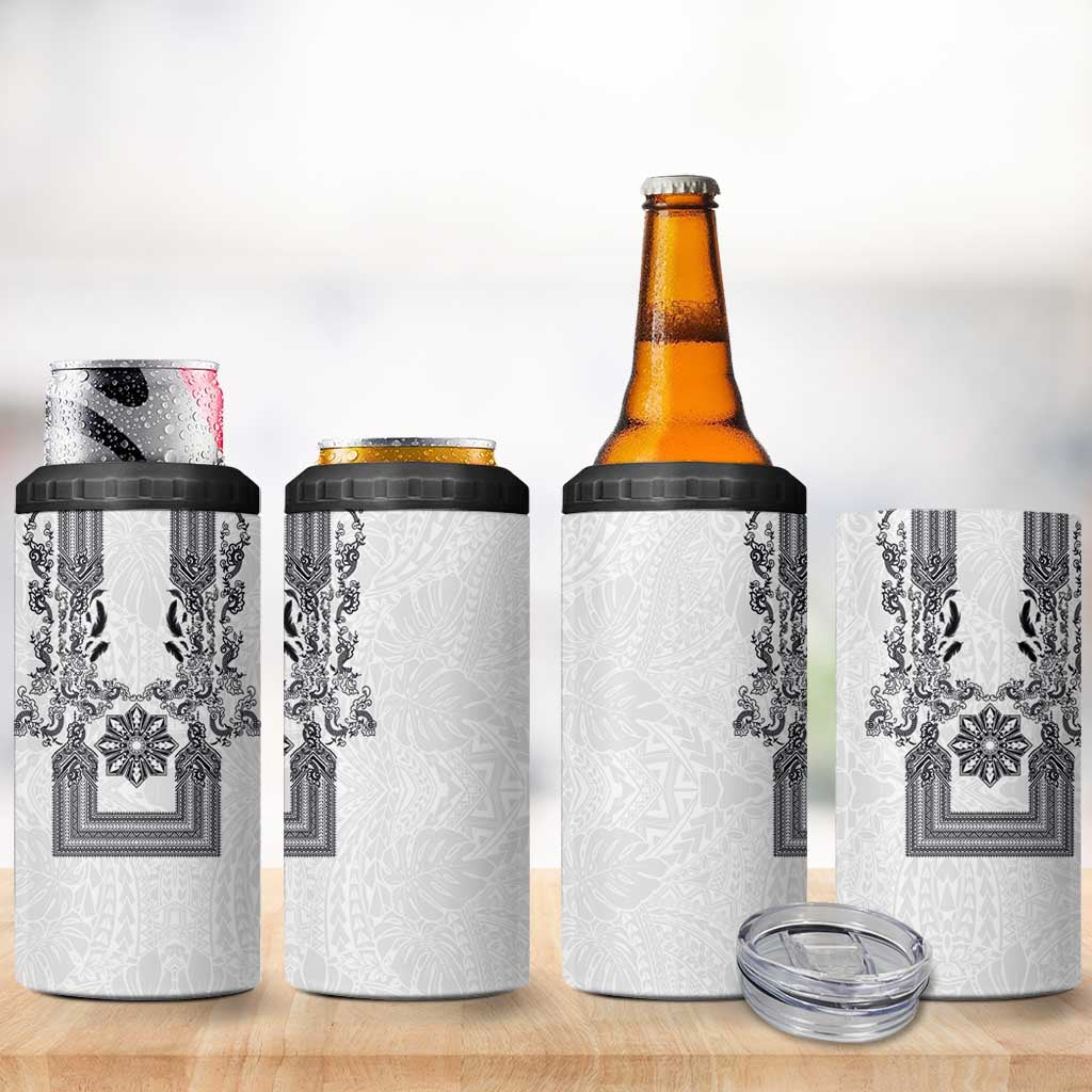 Philippines Barong Style 4 in 1 Can Cooler Tumbler with Polynesian Art and Leaf Motif Black-White Color LT03 - Polynesian Pride