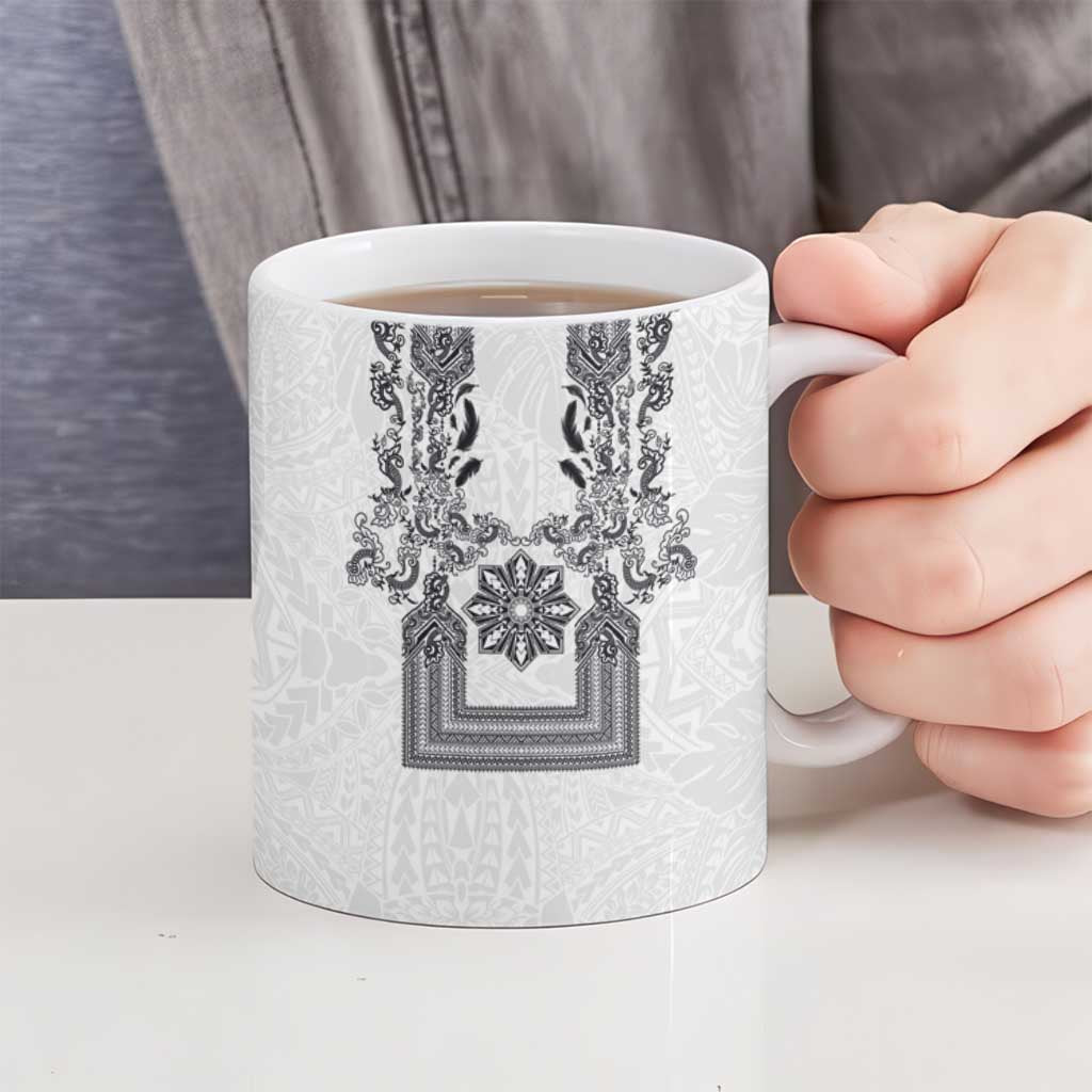Philippines Barong Style Ceramic Mug with Polynesian Art and Leaf Motif Black-White Color