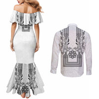 Philippines Barong Style Couples Matching Mermaid Dress and Long Sleeve Button Shirt with Polynesian Art and Leaf Motif Black-White Color LT03 - Polynesian Pride