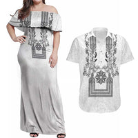 Philippines Barong Style Couples Matching Off Shoulder Maxi Dress and Hawaiian Shirt with Polynesian Art and Leaf Motif Black-White Color LT03 White - Polynesian Pride