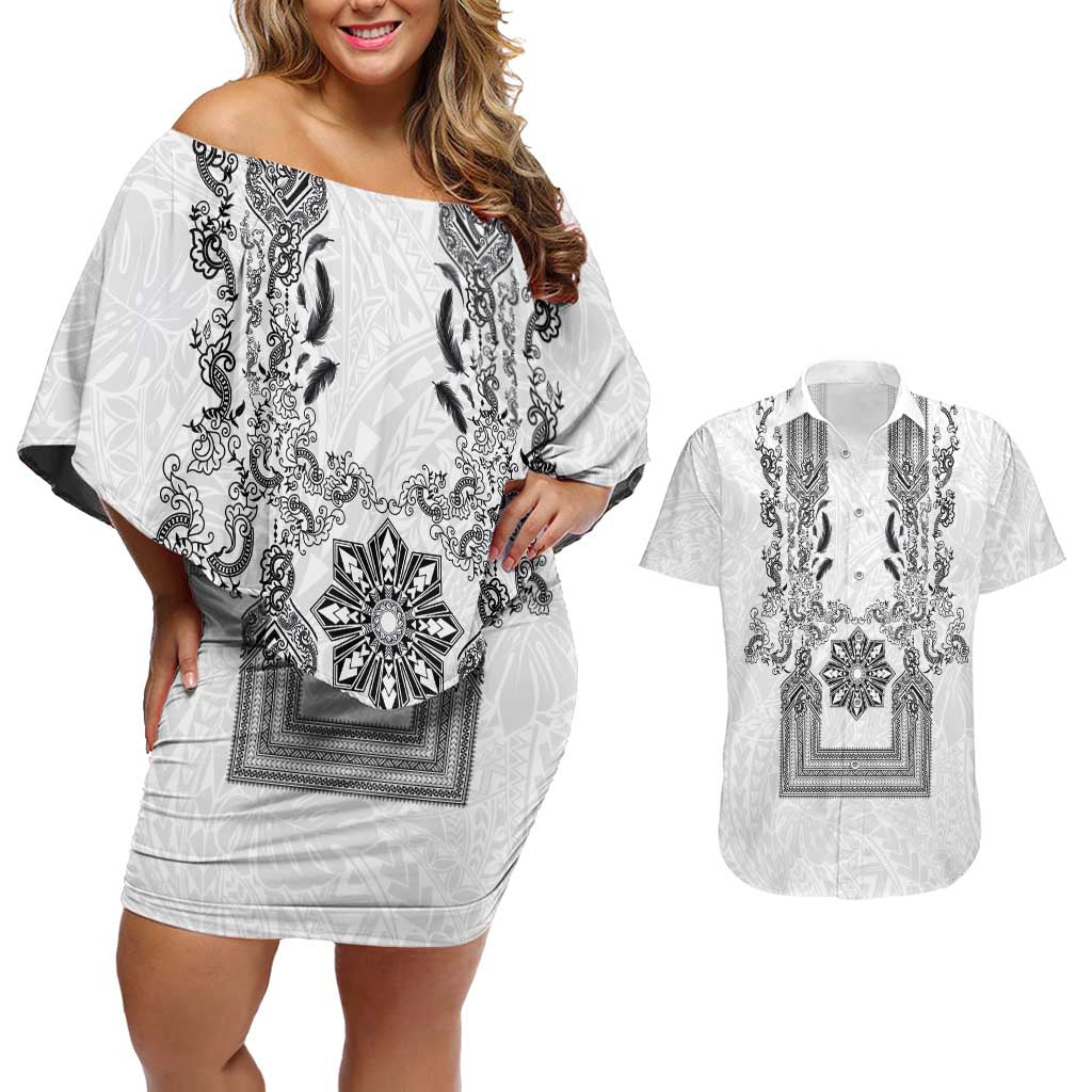 Philippines Barong Style Couples Matching Off Shoulder Short Dress and Hawaiian Shirt with Polynesian Art and Leaf Motif Black-White Color LT03 White - Polynesian Pride