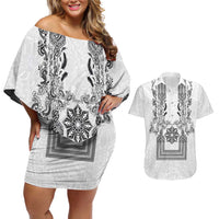 Philippines Barong Style Couples Matching Off Shoulder Short Dress and Hawaiian Shirt with Polynesian Art and Leaf Motif Black-White Color LT03 White - Polynesian Pride
