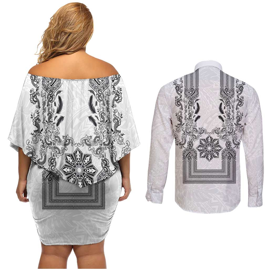 Philippines Barong Style Couples Matching Off Shoulder Short Dress and Long Sleeve Button Shirt with Polynesian Art and Leaf Motif Black-White Color LT03 - Polynesian Pride