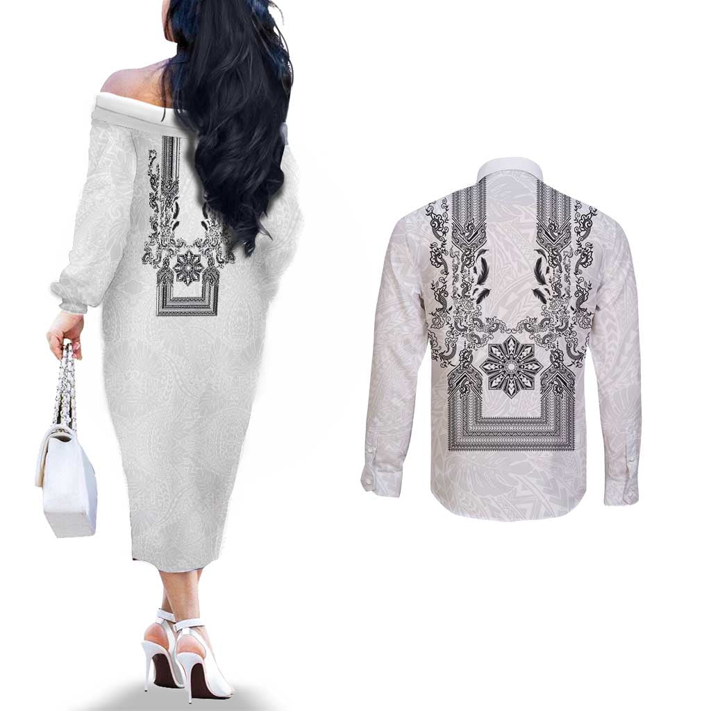 Philippines Barong Style Couples Matching Off The Shoulder Long Sleeve Dress and Long Sleeve Button Shirt with Polynesian Art and Leaf Motif Black-White Color LT03 - Polynesian Pride