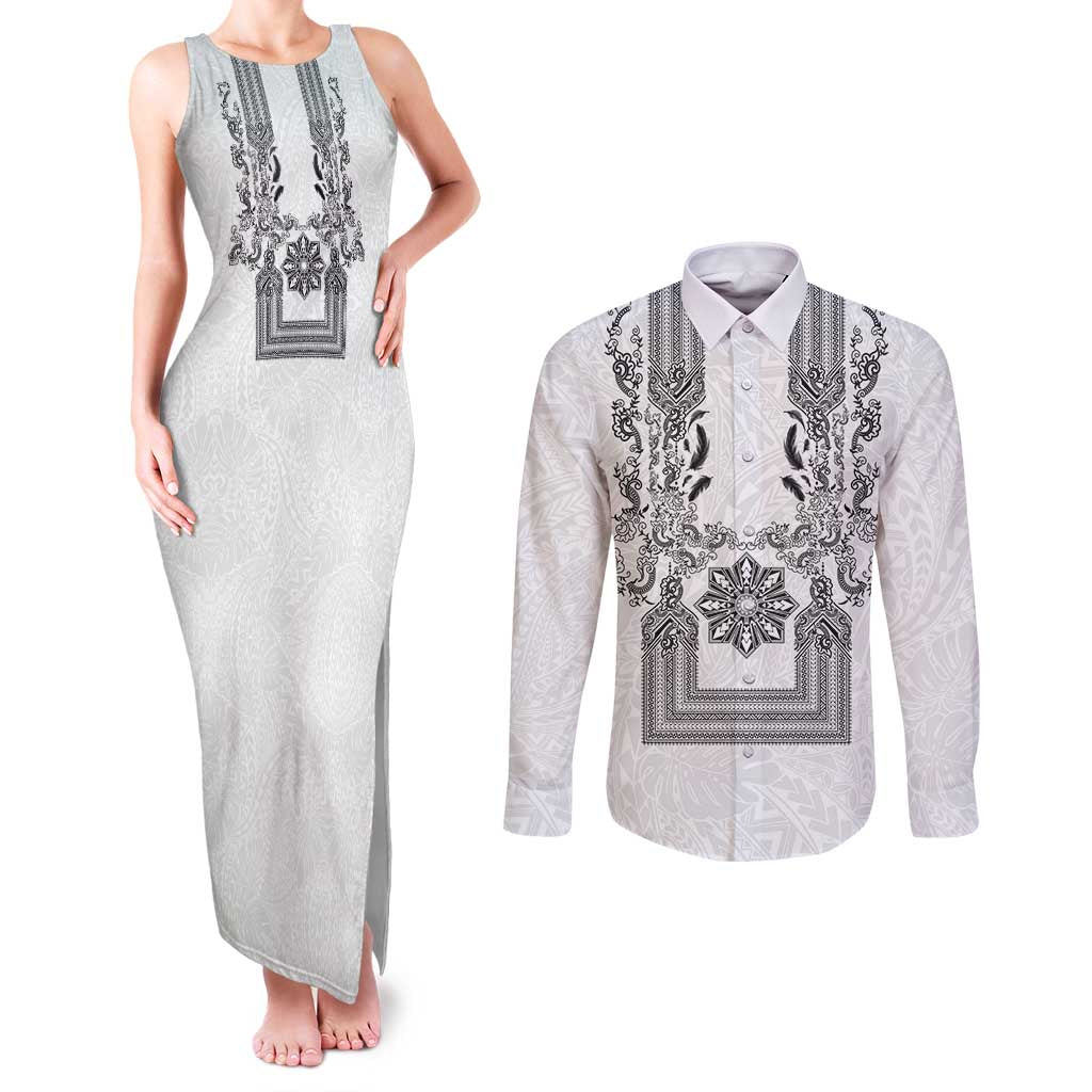 Philippines Barong Style Couples Matching Tank Maxi Dress and Long Sleeve Button Shirt with Polynesian Art and Leaf Motif Black-White Color LT03 White - Polynesian Pride