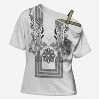 Philippines Barong Style Cross Shoulder Shirt with Polynesian Art and Leaf Motif Black-White Color