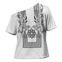 Philippines Barong Style Cross Shoulder Shirt with Polynesian Art and Leaf Motif Black-White Color