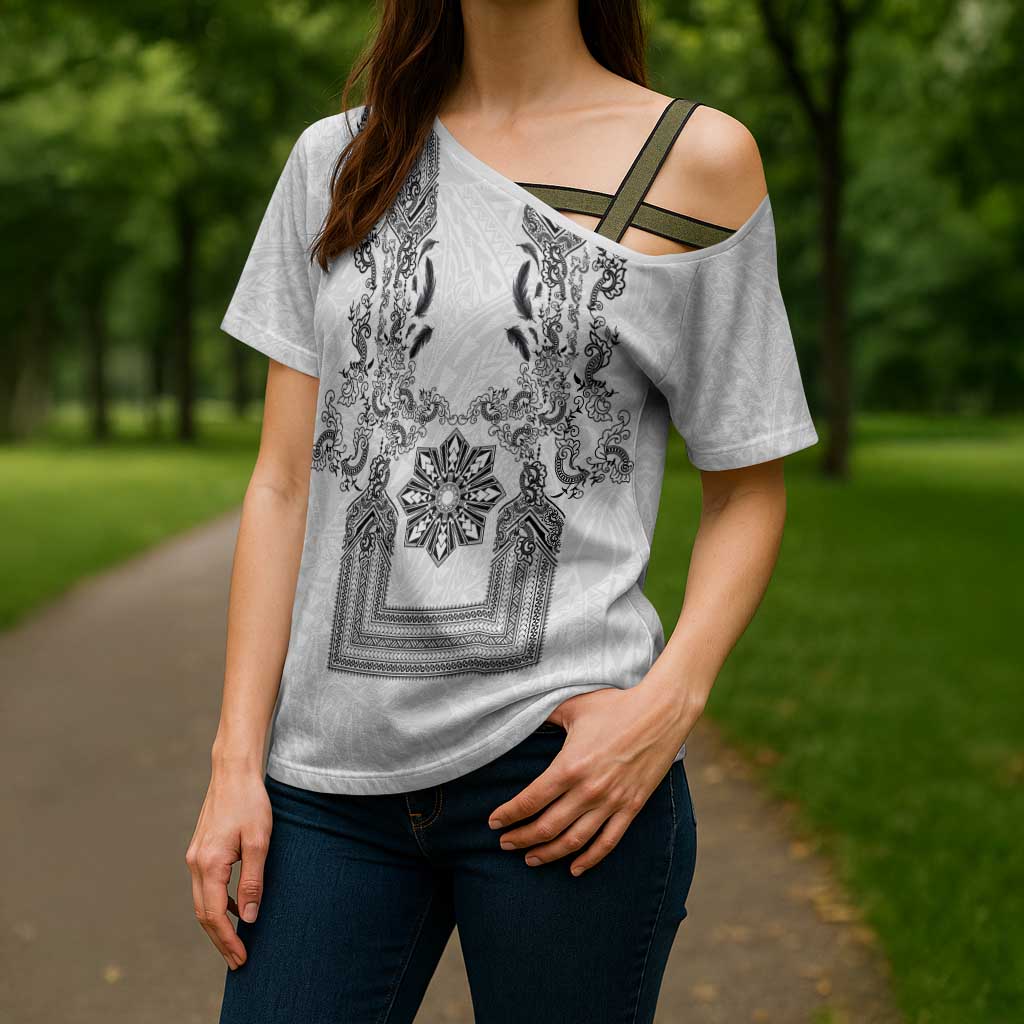Philippines Barong Style Cross Shoulder Shirt with Polynesian Art and Leaf Motif Black-White Color