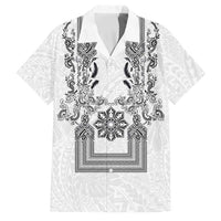 Philippines Barong Style Family Matching Long Sleeve Bodycon Dress and Hawaiian Shirt with Polynesian Art and Leaf Motif Black-White Color LT03 Dad's Shirt - Short Sleeve White - Polynesian Pride