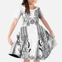 Philippines Barong Style Family Matching Mermaid Dress and Hawaiian Shirt with Polynesian Art and Leaf Motif Black-White Color LT03 Daughter's Dress White - Polynesian Pride