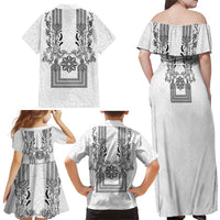 Philippines Barong Style Family Matching Off Shoulder Maxi Dress and Hawaiian Shirt with Polynesian Art and Leaf Motif Black-White Color LT03 - Polynesian Pride