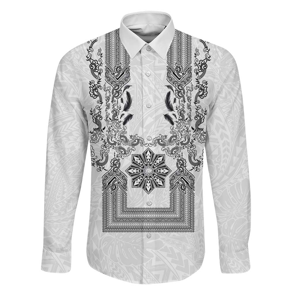 Philippines Barong Style Family Matching Off Shoulder Maxi Dress and Hawaiian Shirt with Polynesian Art and Leaf Motif Black-White Color LT03 Dad's Shirt - Long Sleeve White - Polynesian Pride