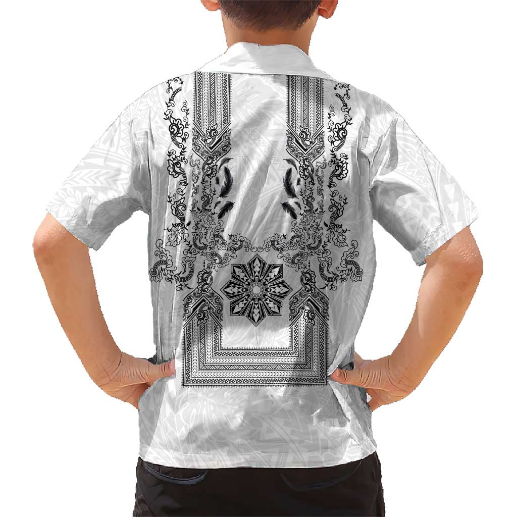 Philippines Barong Style Family Matching Off Shoulder Short Dress and Hawaiian Shirt with Polynesian Art and Leaf Motif Black-White Color LT03 - Polynesian Pride