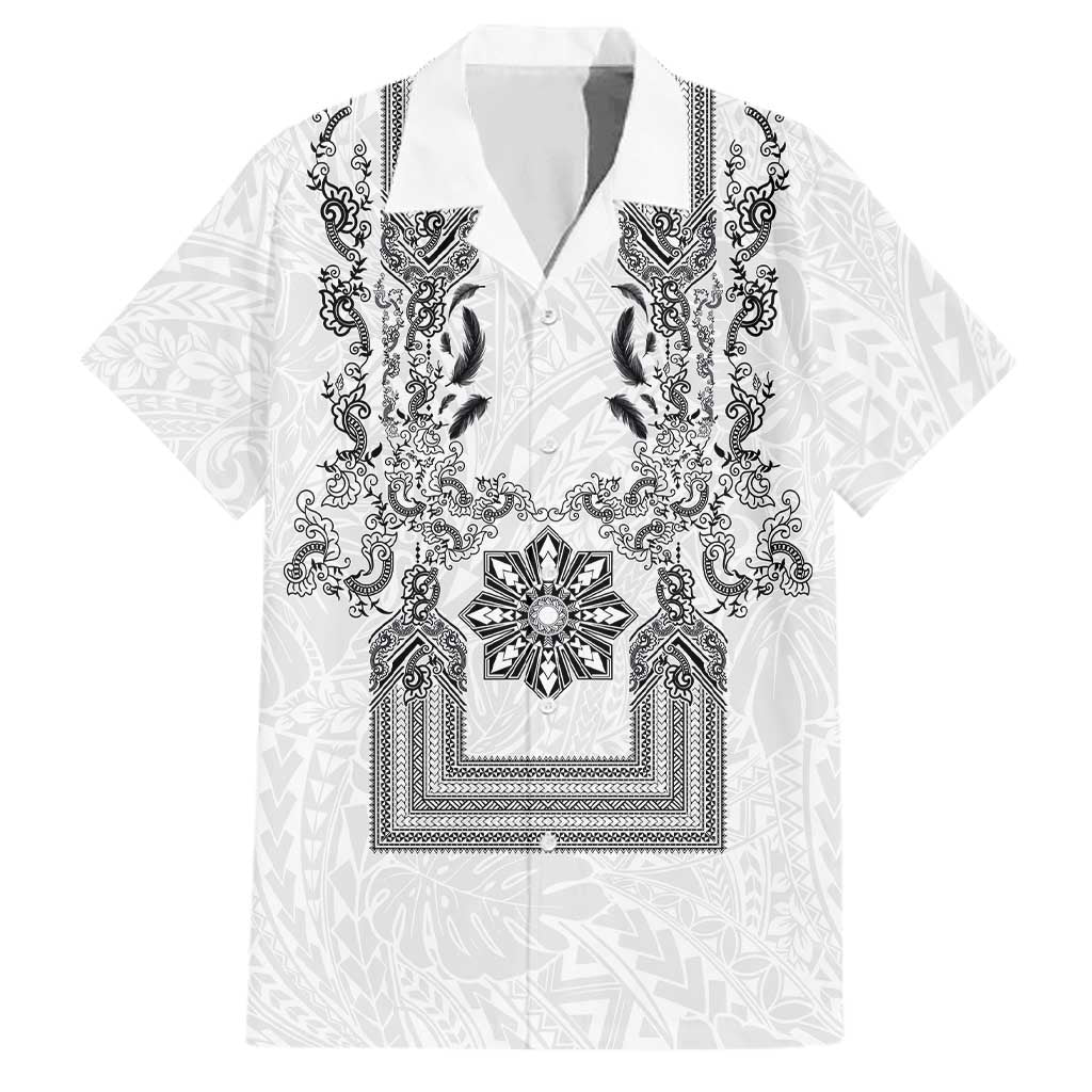 Philippines Barong Style Family Matching Off Shoulder Short Dress and Hawaiian Shirt with Polynesian Art and Leaf Motif Black-White Color LT03 Dad's Shirt - Short Sleeve White - Polynesian Pride