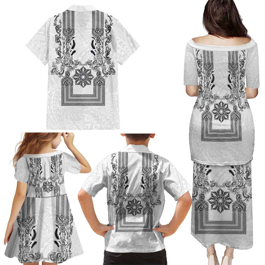 Philippines Barong Style Family Matching Puletasi and Hawaiian Shirt with Polynesian Art and Leaf Motif Black-White Color LT03 - Polynesian Pride