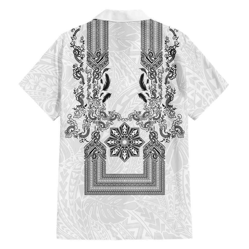 Philippines Barong Style Family Matching Puletasi and Hawaiian Shirt with Polynesian Art and Leaf Motif Black-White Color LT03 - Polynesian Pride