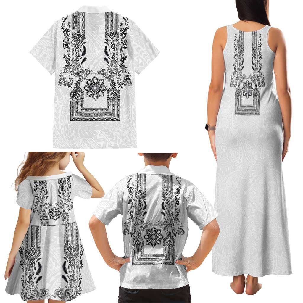 Philippines Barong Style Family Matching Tank Maxi Dress and Hawaiian Shirt with Polynesian Art and Leaf Motif Black-White Color LT03 - Polynesian Pride