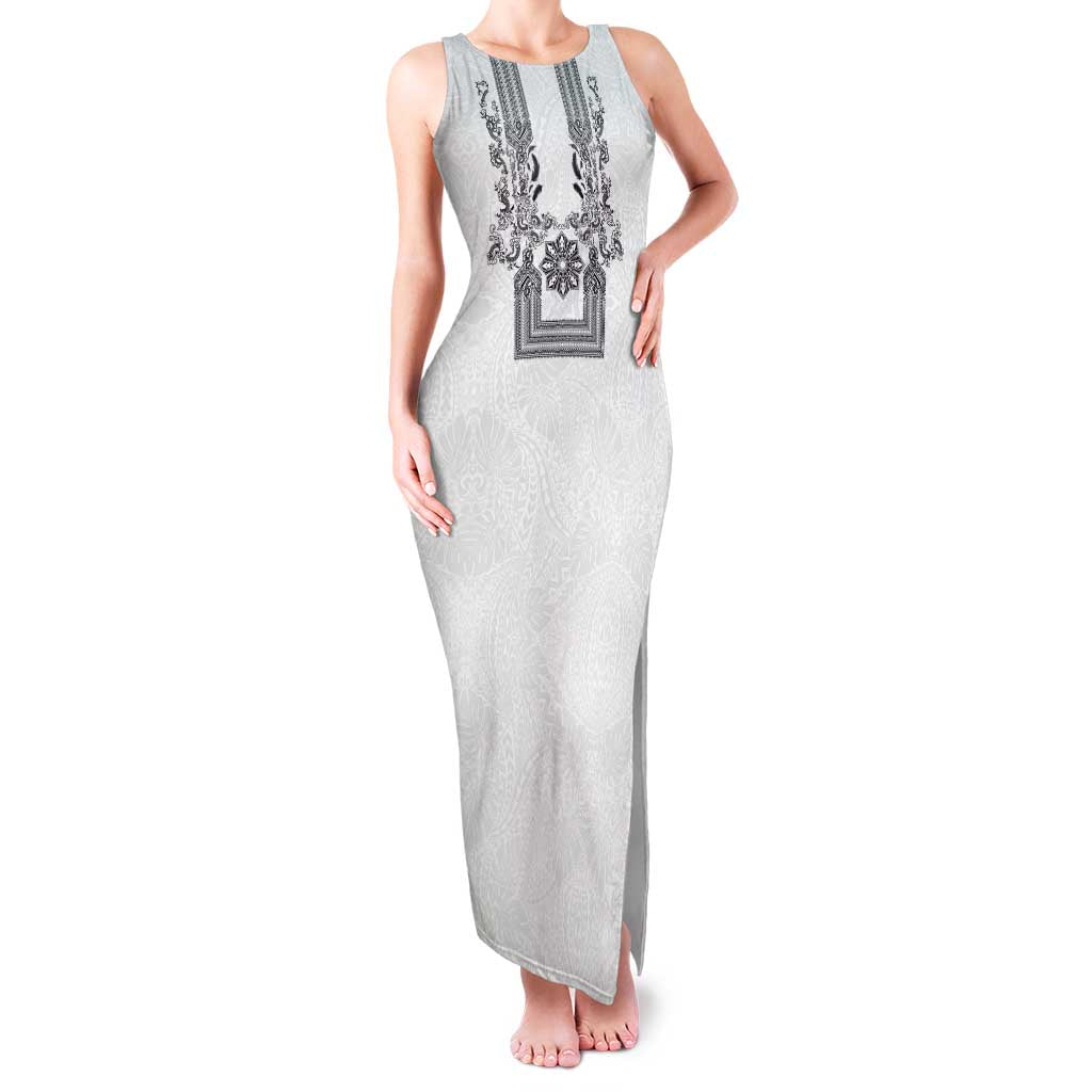 Philippines Barong Style Family Matching Tank Maxi Dress and Hawaiian Shirt with Polynesian Art and Leaf Motif Black-White Color LT03 Mom's Dress White - Polynesian Pride