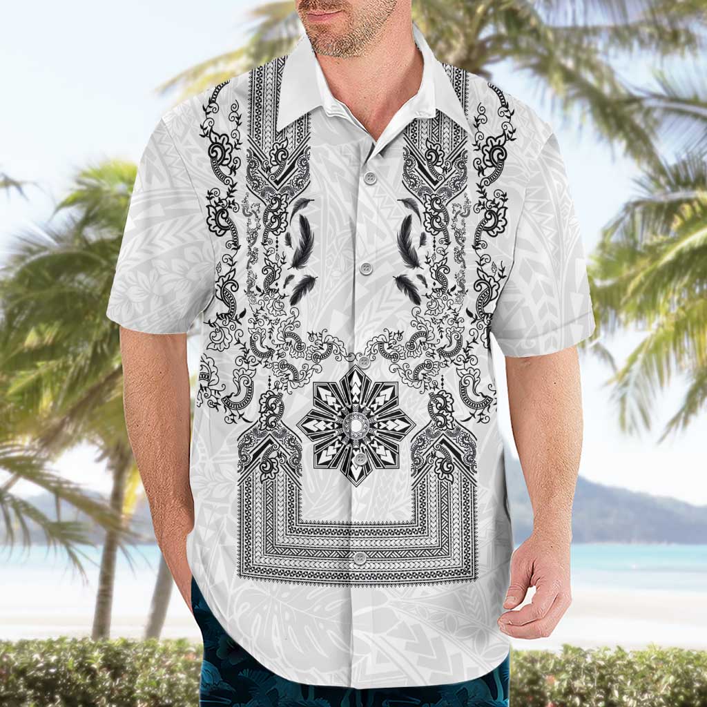 Philippines Barong Style Hawaiian Shirt with Polynesian Art and Leaf Motif Black-White Color