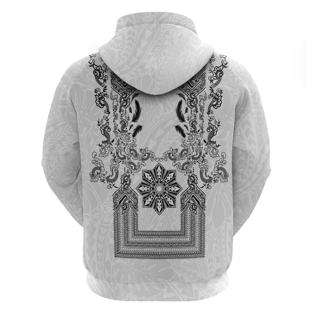 Philippines Barong Style Hoodie with Polynesian Art and Leaf Motif Black-White Color