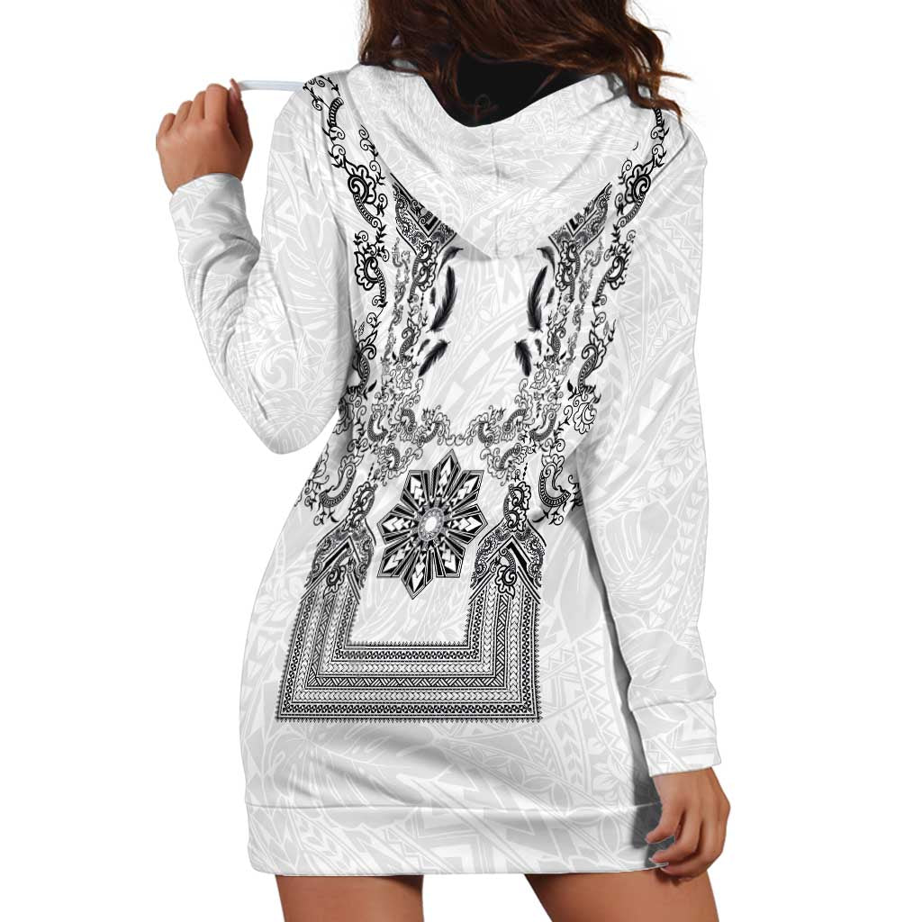 Philippines Barong Style Hoodie Dress with Polynesian Art and Leaf Motif Black-White Color LT03 - Polynesian Pride