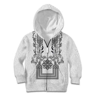 Philippines Barong Style Kid Hoodie with Polynesian Art and Leaf Motif Black-White Color