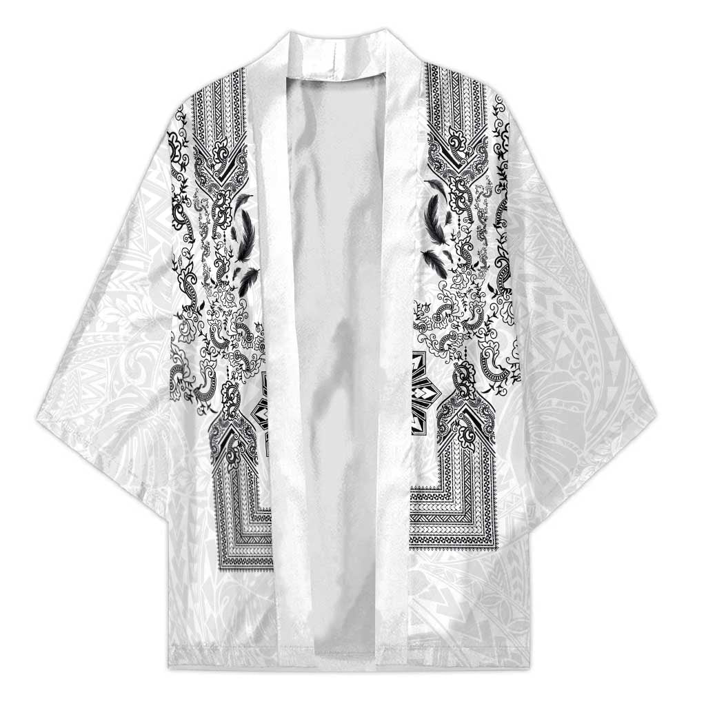 Philippines Barong Style Kimono with Polynesian Art and Leaf Motif Black-White Color LT03 Unisex White - Polynesian Pride