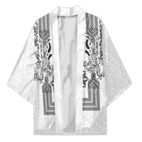 Philippines Barong Style Kimono with Polynesian Art and Leaf Motif Black-White Color LT03 Unisex White - Polynesian Pride