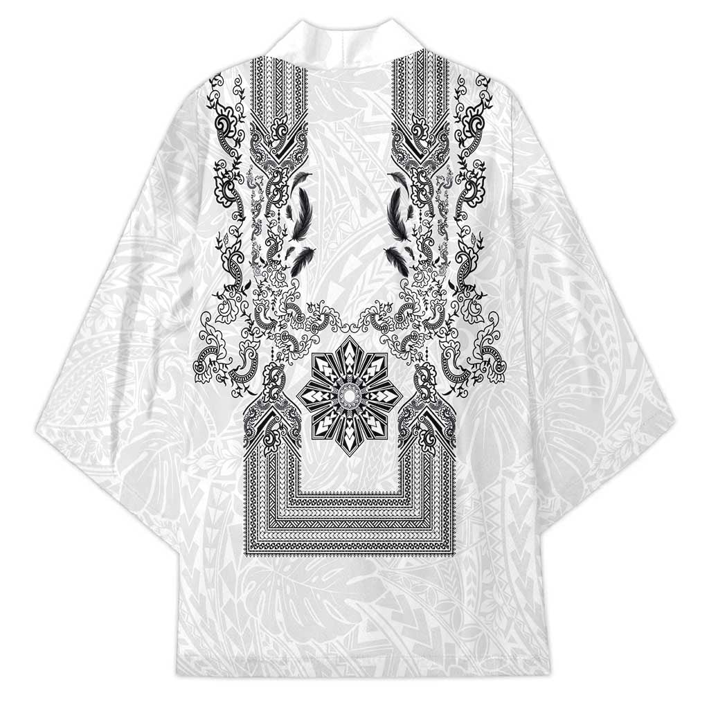 Philippines Barong Style Kimono with Polynesian Art and Leaf Motif Black-White Color LT03 - Polynesian Pride