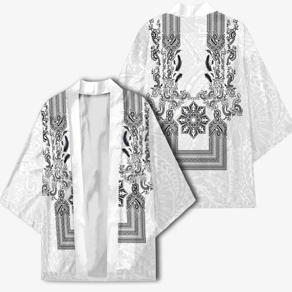 Philippines Barong Style Kimono with Polynesian Art and Leaf Motif Black-White Color LT03 - Polynesian Pride