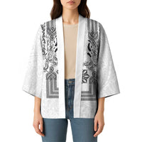 Philippines Barong Style Kimono with Polynesian Art and Leaf Motif Black-White Color LT03 - Polynesian Pride