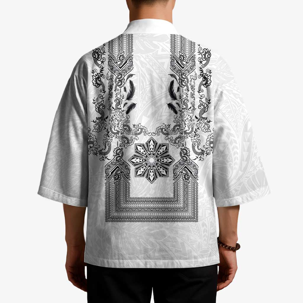 Philippines Barong Style Kimono with Polynesian Art and Leaf Motif Black-White Color LT03 - Polynesian Pride