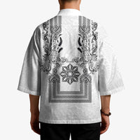 Philippines Barong Style Kimono with Polynesian Art and Leaf Motif Black-White Color LT03 - Polynesian Pride