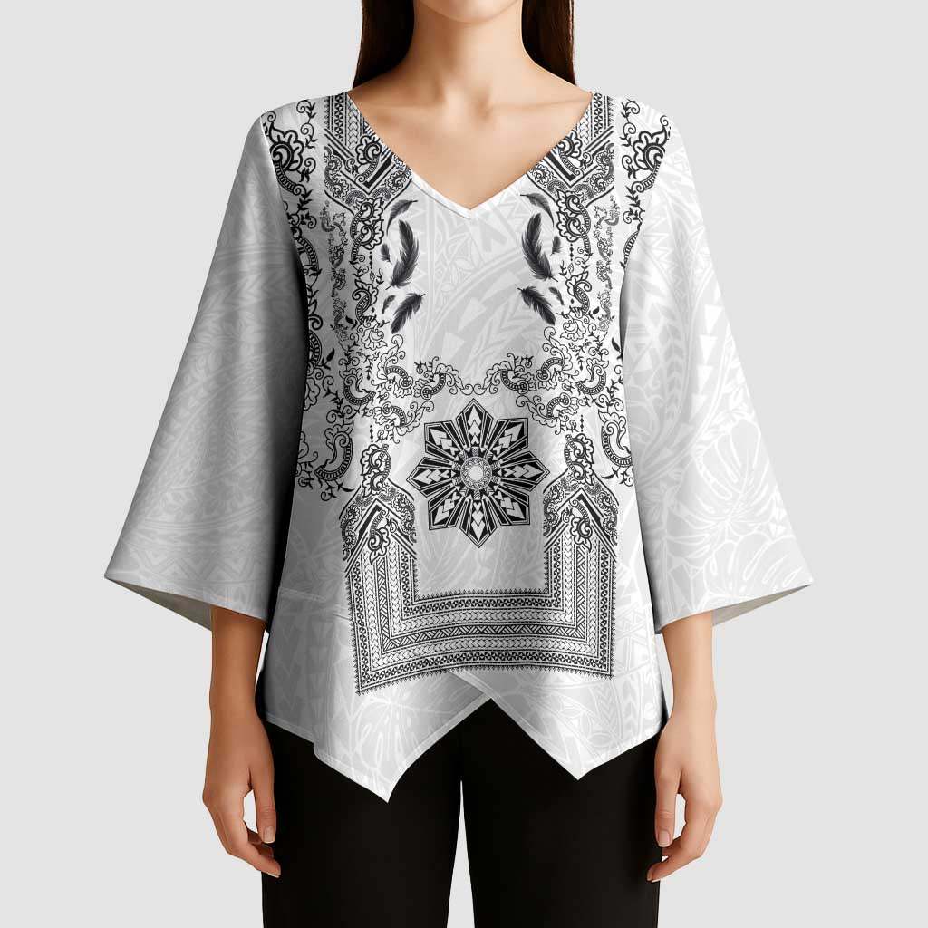 Philippines Barong Style Kimono Sleeve Blouse with Polynesian Art and Leaf Motif Black-White Color