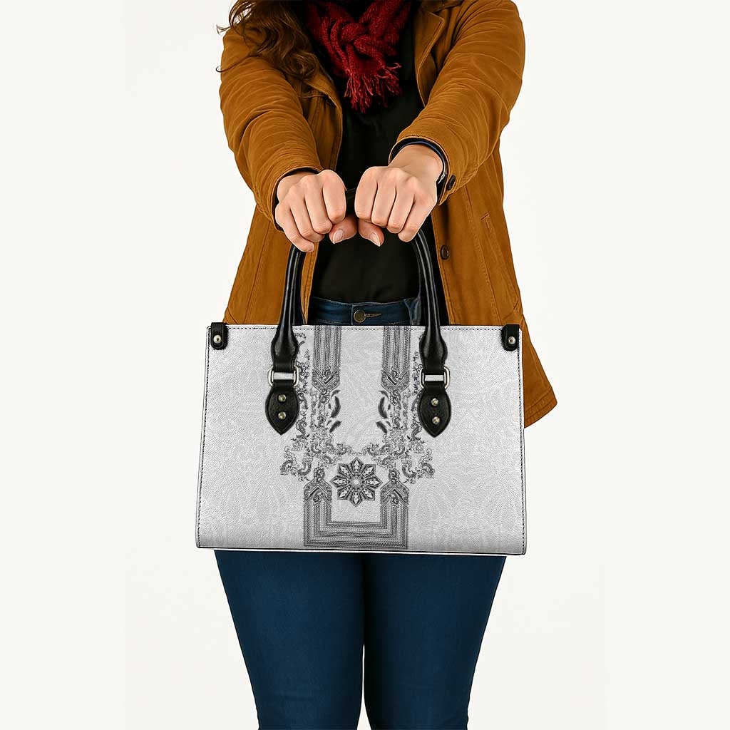 Philippines Barong Style Leather Bag with Polynesian Art and Leaf Motif Black-White Color