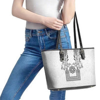 Philippines Barong Style Leather Tote Bag with Polynesian Art and Leaf Motif Black-White Color