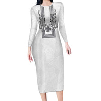 Philippines Barong Style Long Sleeve Bodycon Dress with Polynesian Art and Leaf Motif Black-White Color LT03 Long Dress White - Polynesian Pride