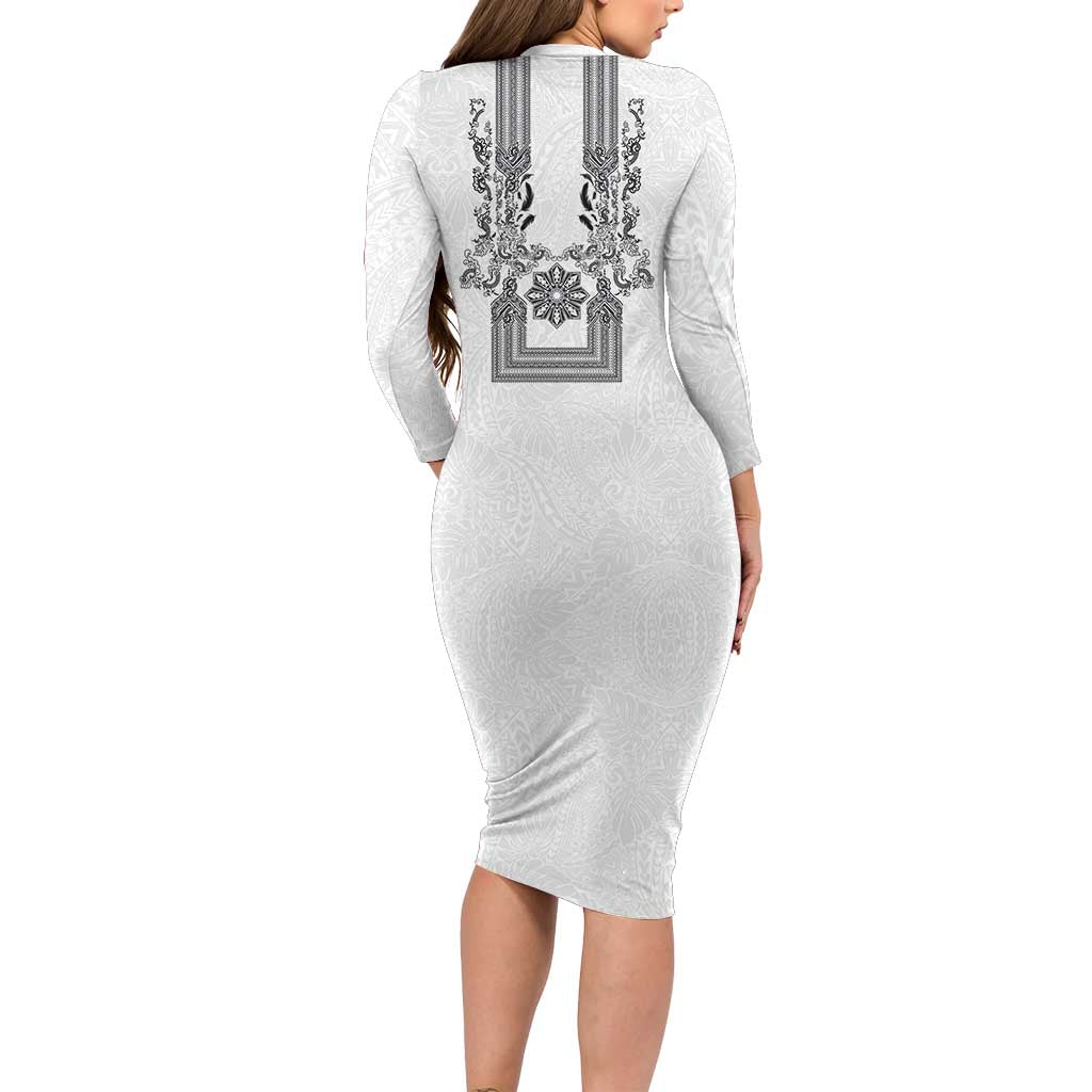 Philippines Barong Style Long Sleeve Bodycon Dress with Polynesian Art and Leaf Motif Black-White Color LT03 - Polynesian Pride