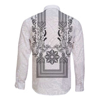 Philippines Barong Style Long Sleeve Button Shirt with Polynesian Art and Leaf Motif Black-White Color