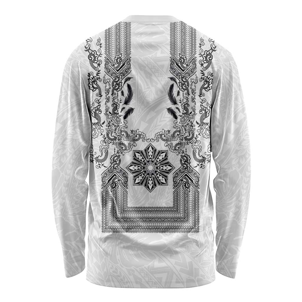 Philippines Barong Style Long Sleeve Shirt with Polynesian Art and Leaf Motif Black-White Color