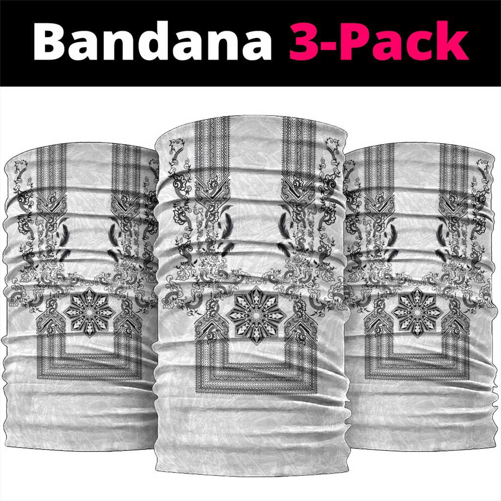 Philippines Barong Style Neck Gaiter with Polynesian Art and Leaf Motif Black-White Color