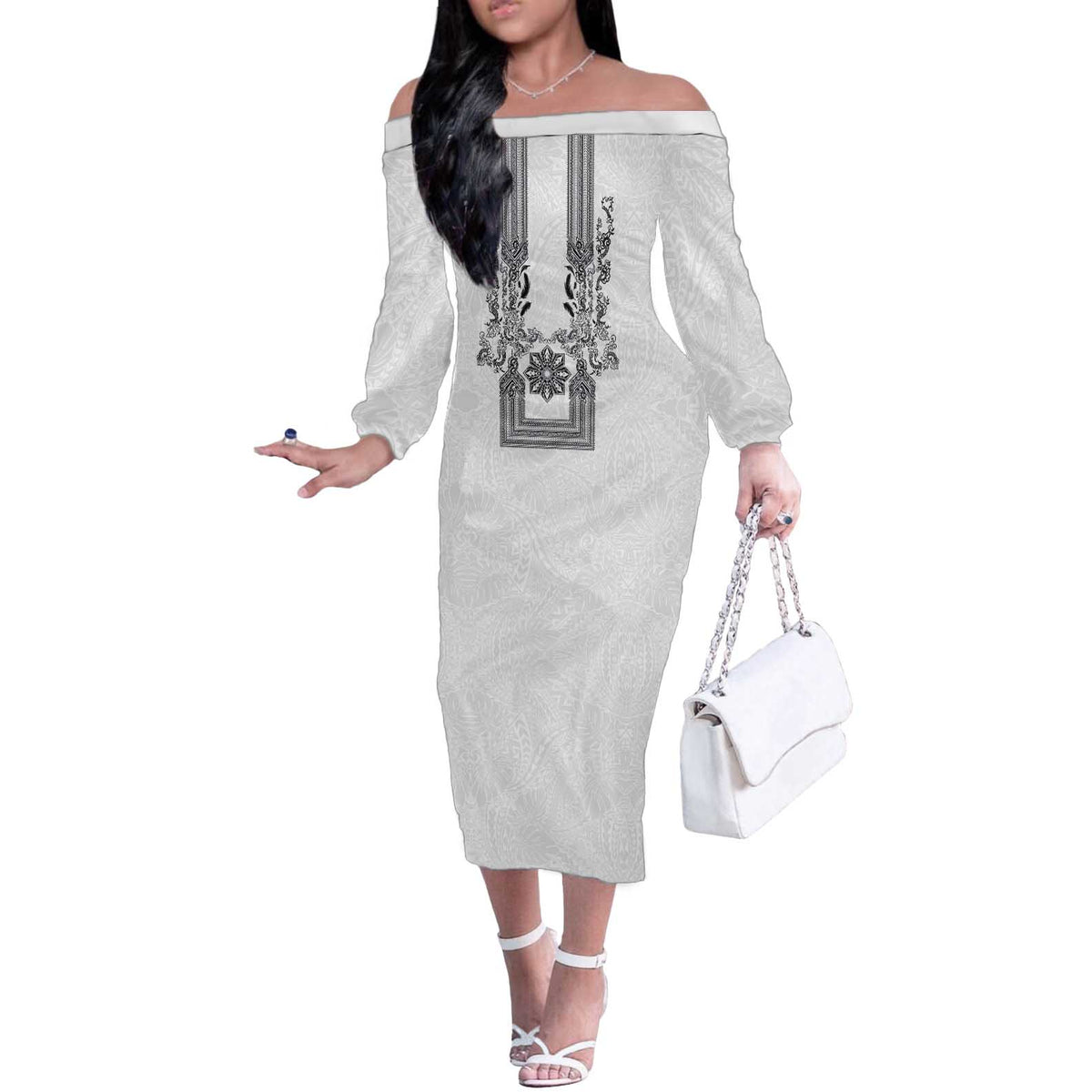 Philippines Barong Style Off The Shoulder Long Sleeve Dress with Polynesian Art and Leaf Motif Black-White Color LT03 Women White - Polynesian Pride