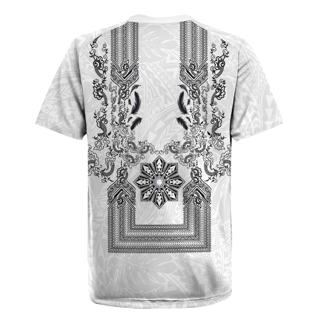 Philippines Barong Style Rugby Jersey with Polynesian Art and Leaf Motif Black-White Color