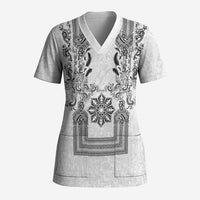 Philippines Barong Style Scrub Top with Polynesian Art and Leaf Motif Black-White Color