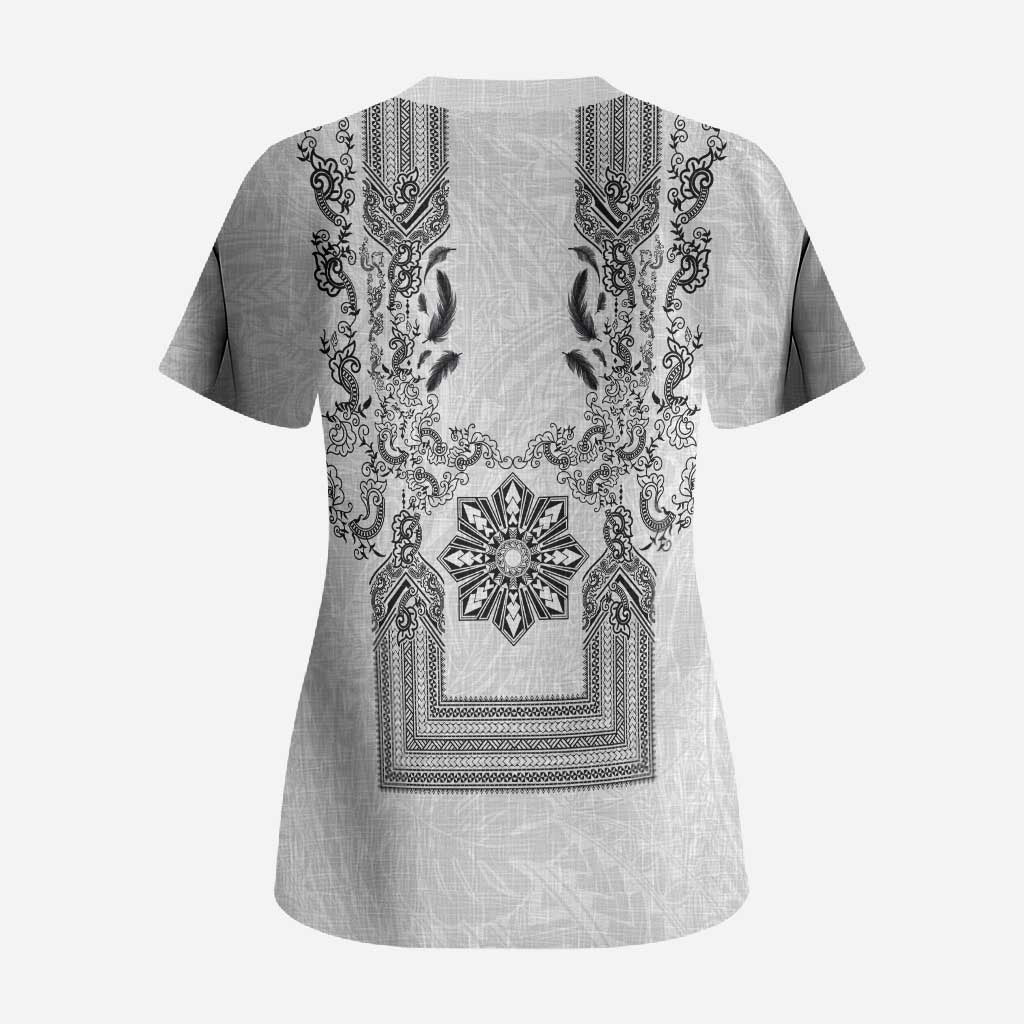 Philippines Barong Style Scrub Top with Polynesian Art and Leaf Motif Black-White Color