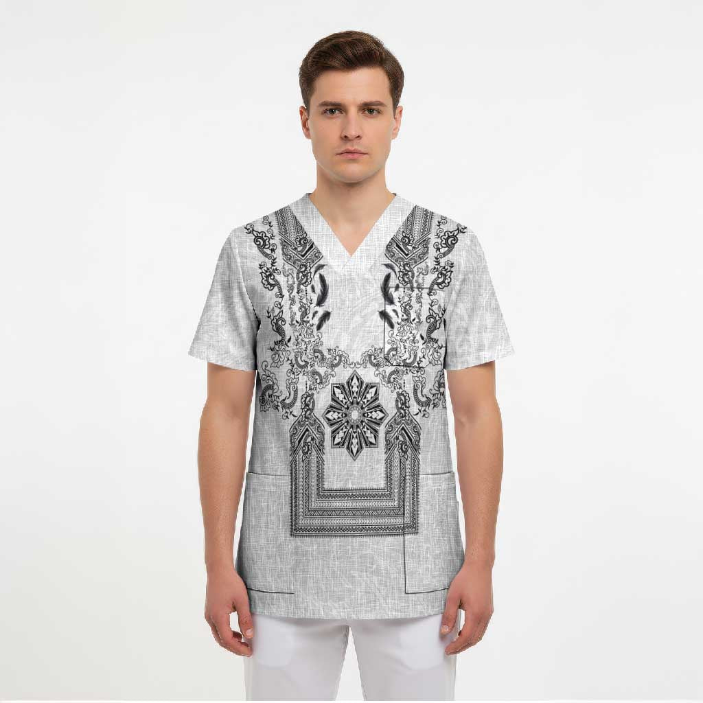 Philippines Barong Style Scrub Top with Polynesian Art and Leaf Motif Black-White Color