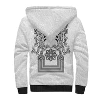 Philippines Barong Style Sherpa Hoodie with Polynesian Art and Leaf Motif Black-White Color